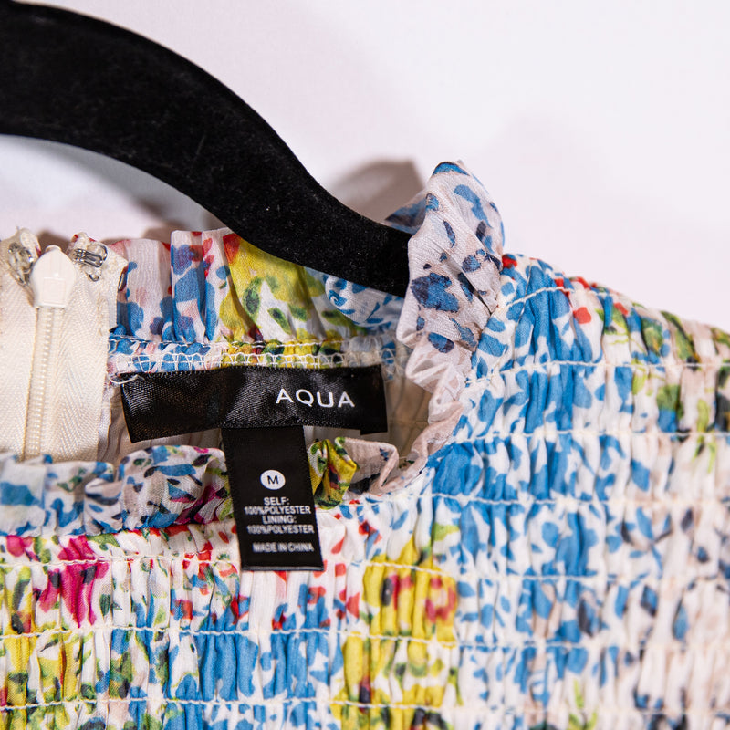 NEW Aqua Micro Floral Flower Print Pattern Chiffon Smocked Mini Ruffle Dress M