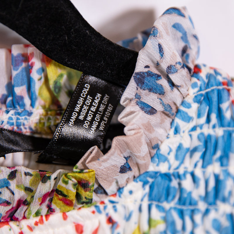 NEW Aqua Micro Floral Flower Print Pattern Chiffon Smocked Mini Ruffle Dress M