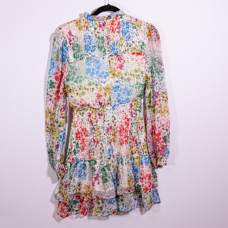 NEW Aqua Micro Floral Flower Print Pattern Chiffon Smocked Mini Ruffle Dress M