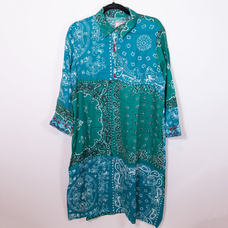 Johnny Was Workshop Bandana Print Henley Button Front Collared Shirt Dress Blue