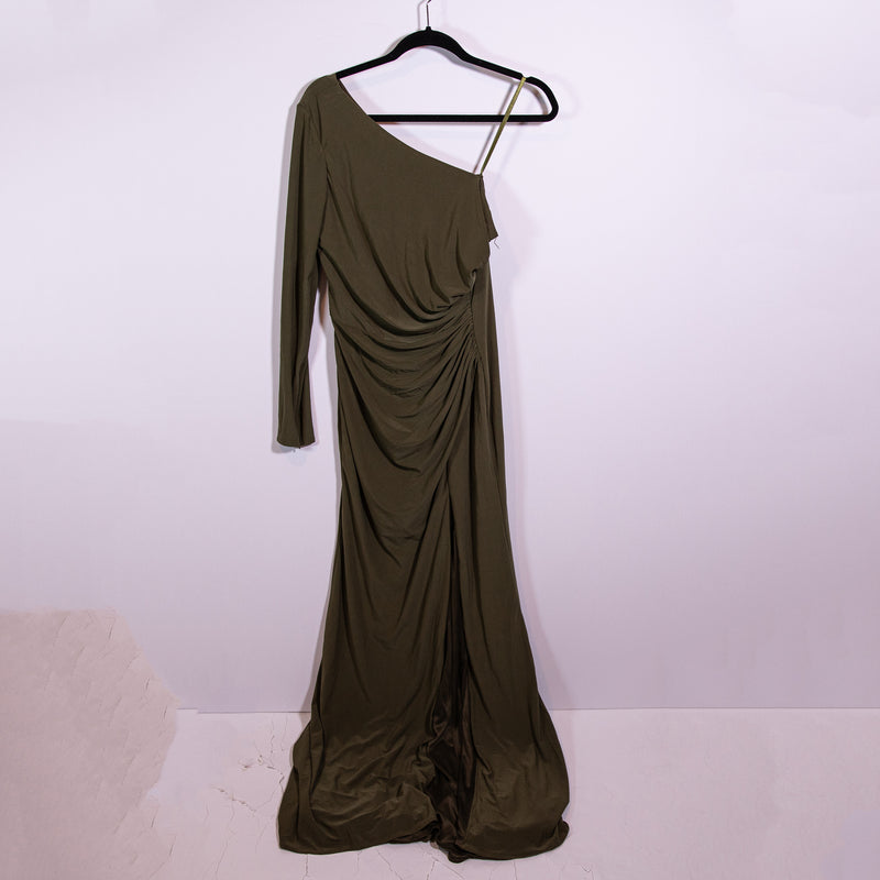 Ieena Mac Duggal Jersey Knit Stretch One Shoulder Ruched Cocktail Dress Olive 6