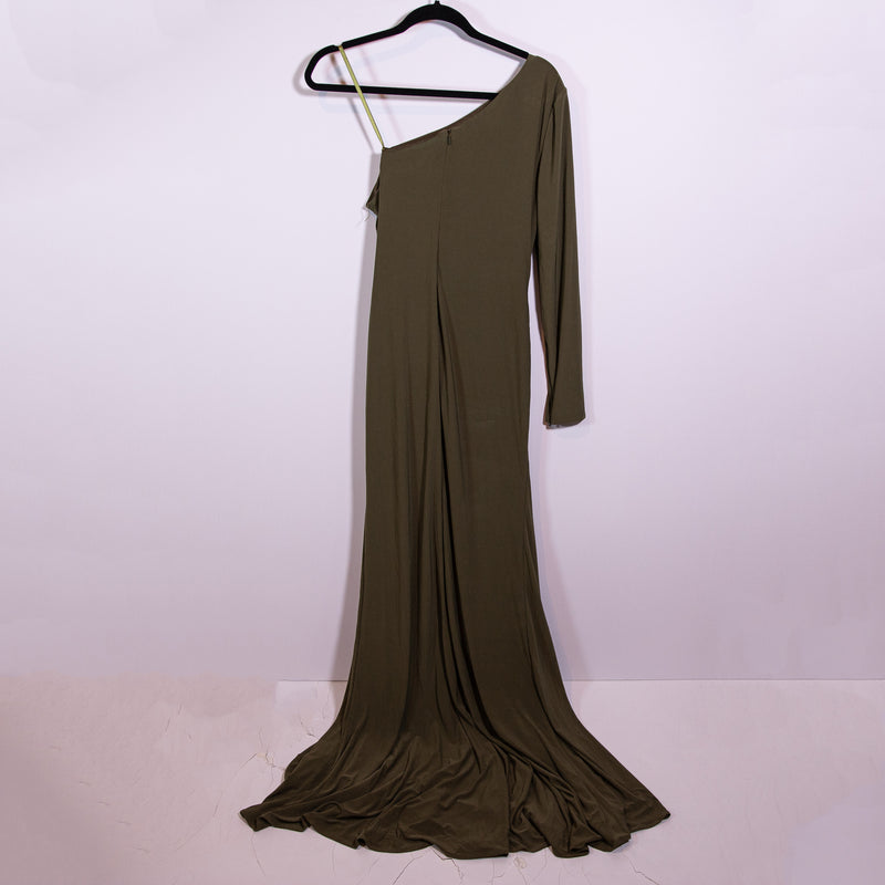 Ieena Mac Duggal Jersey Knit Stretch One Shoulder Ruched Cocktail Dress Olive 6