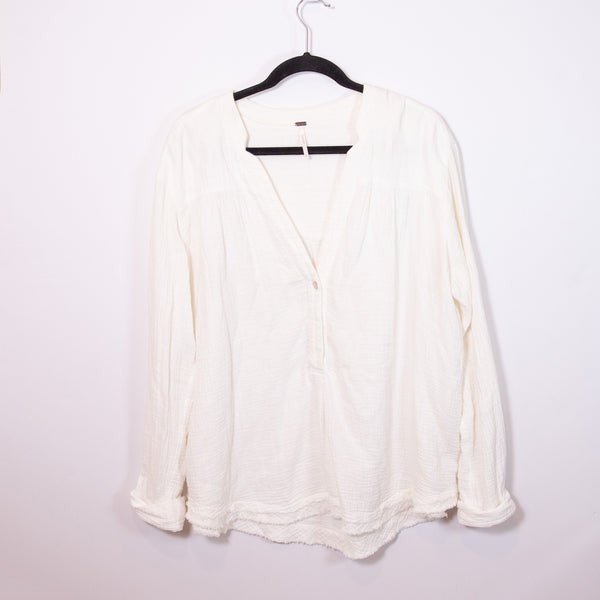 Free People Changing Horizons Cotton Gauze Long Sleeve V Neck Blouse Shirt Top M