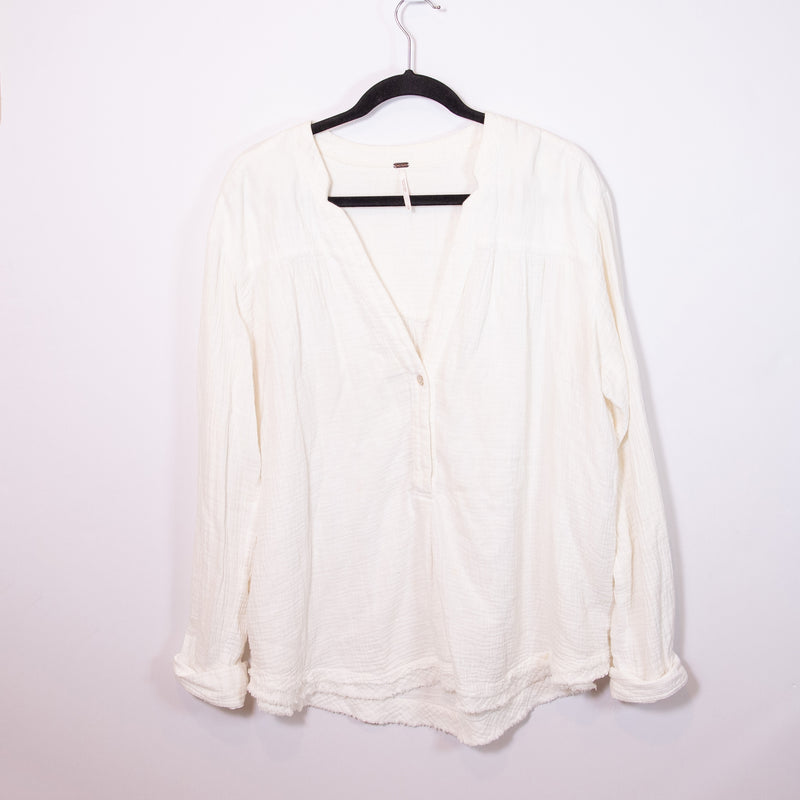 Free People Changing Horizons Cotton Gauze Long Sleeve V Neck Blouse Shirt Top M