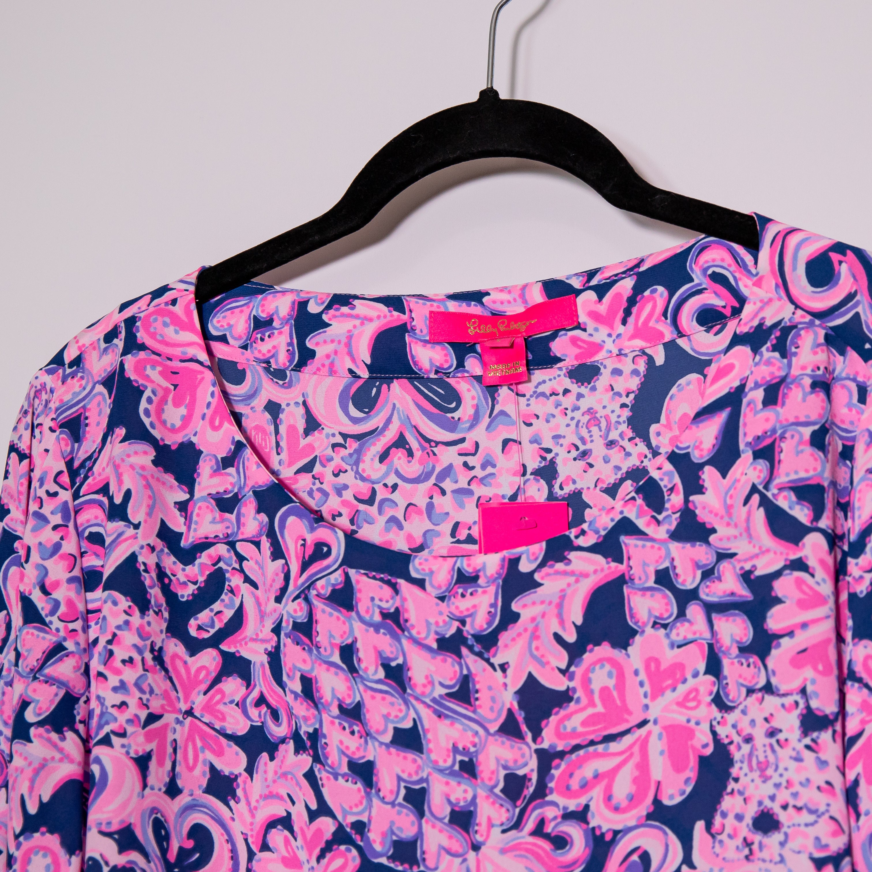 NEW Lilly Pulitzer Langston Top Chiffon Blouse Love You Bunches Indigo Pink L