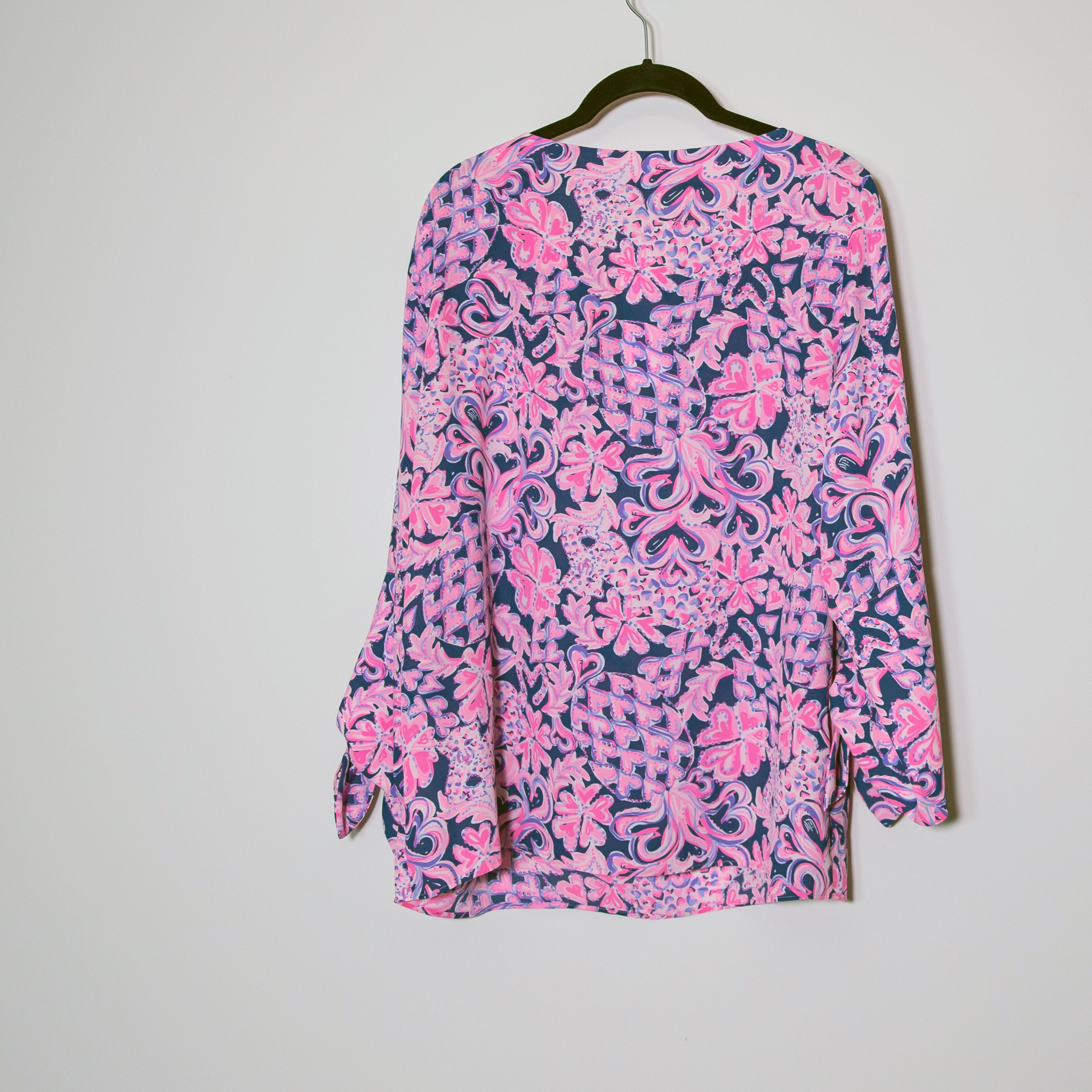 NEW Lilly Pulitzer Langston Top Chiffon Blouse Love You Bunches Indigo Pink L