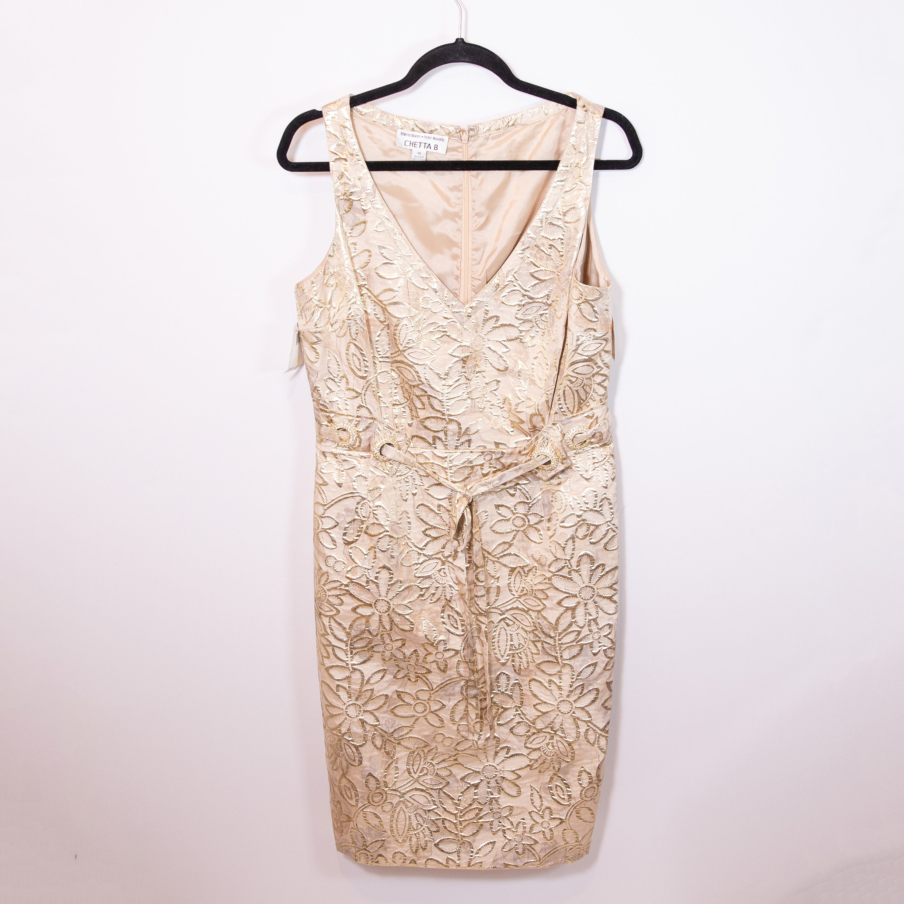 NEW Chetta B Gold Metallic Floral Jacquard Lame Belted Mini Sheath Dress 10