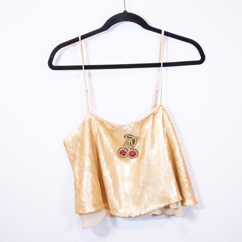 NEW Free People Fruit Punch Cherry Jewel Applique Gold Sequin Crop Top Tank Top