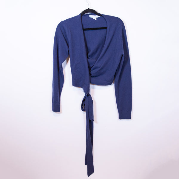 Hill House The Ballet Wrap Wool Stretch Knit V Neck Long Sleeve Sweater Blue M