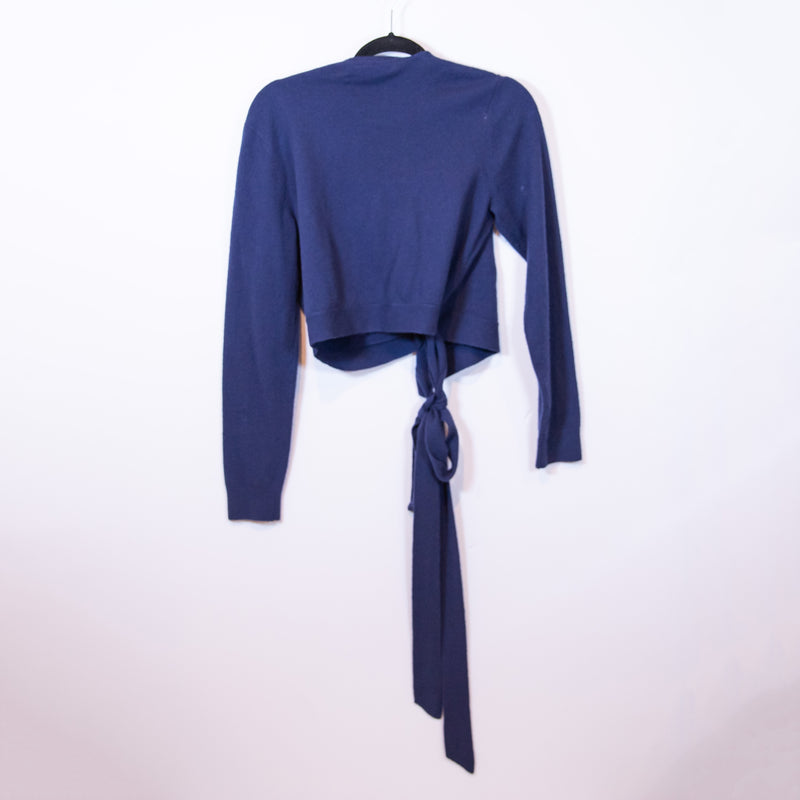 Hill House The Ballet Wrap Wool Stretch Knit V Neck Long Sleeve Sweater Blue M