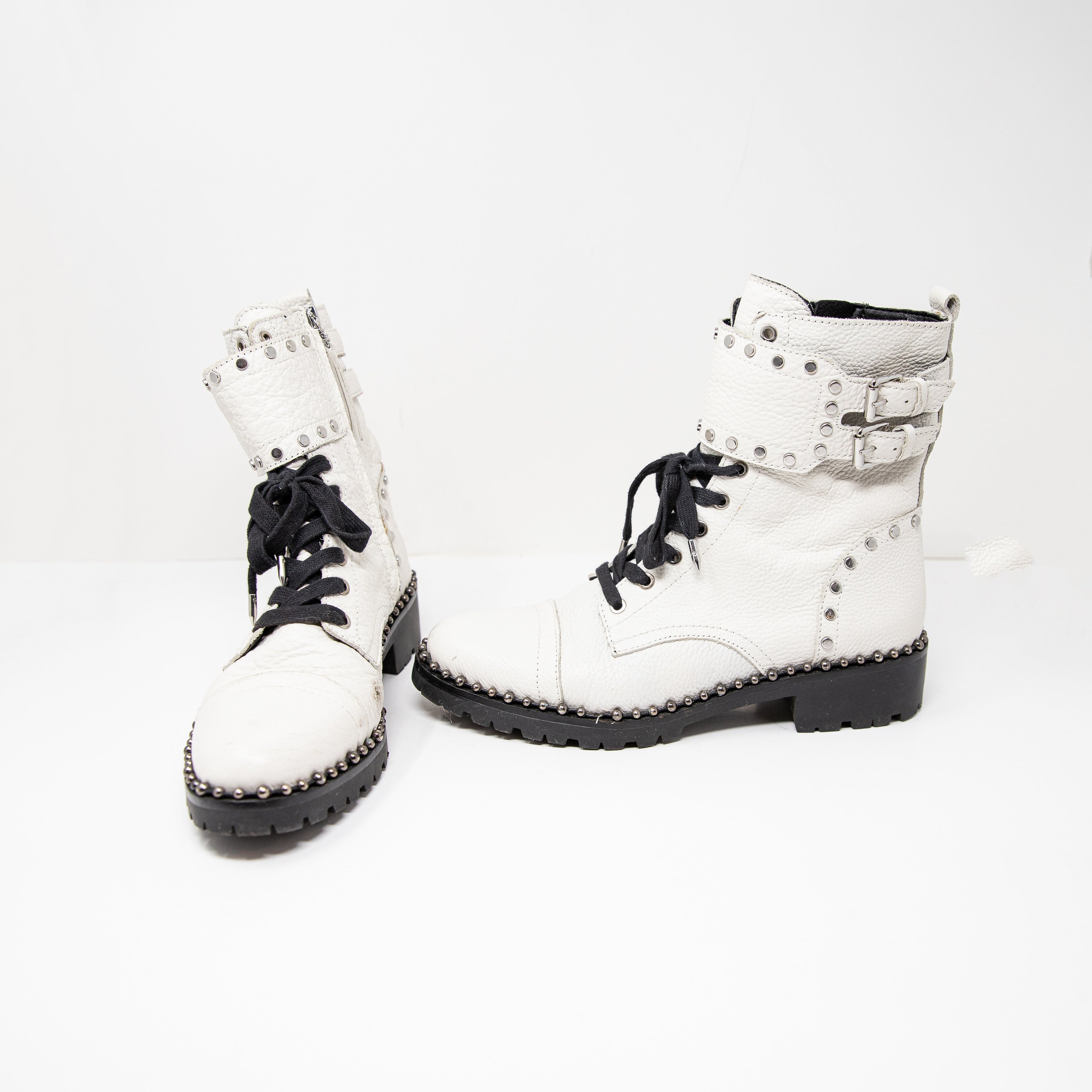 Sam Edelman Women's Jennifer Studded Lace Up Combat Boots Shoes White 8.5