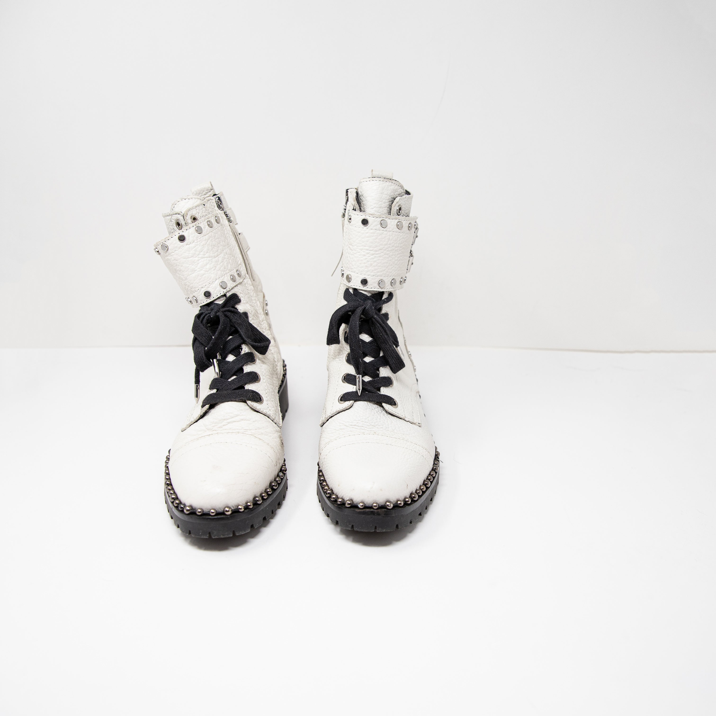 Sam Edelman Women's Jennifer Studded Lace Up Combat Boots Shoes White 8.5