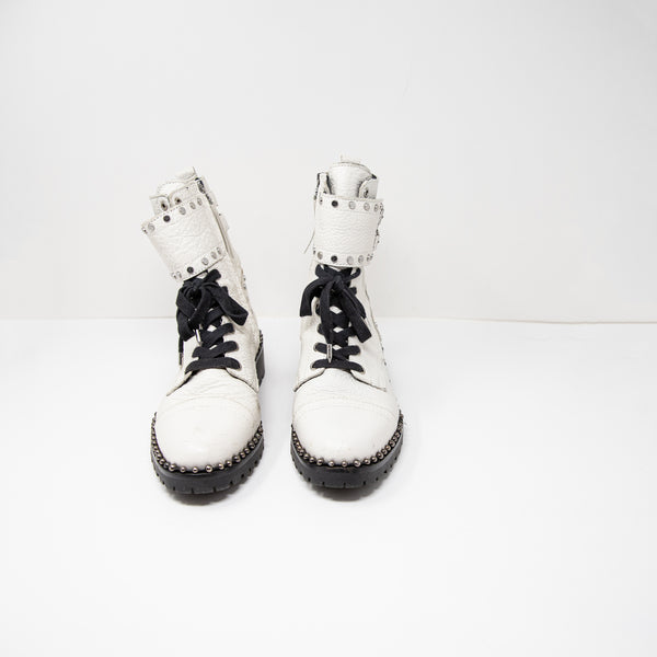 Sam Edelman Women's Jennifer Studded Lace Up Combat Boots Shoes White 8.5