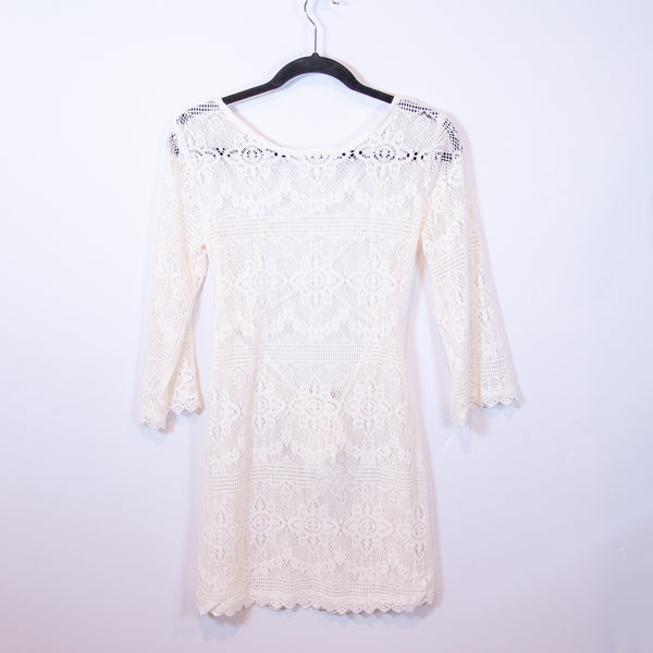 NEW Lulus Crochet Knit Low Back Quarter Sleeve Pullover Mini Cover Up Swim Dress