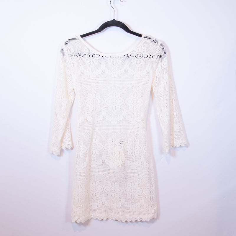 NEW Lulus Crochet Knit Low Back Quarter Sleeve Pullover Mini Cover Up Swim Dress