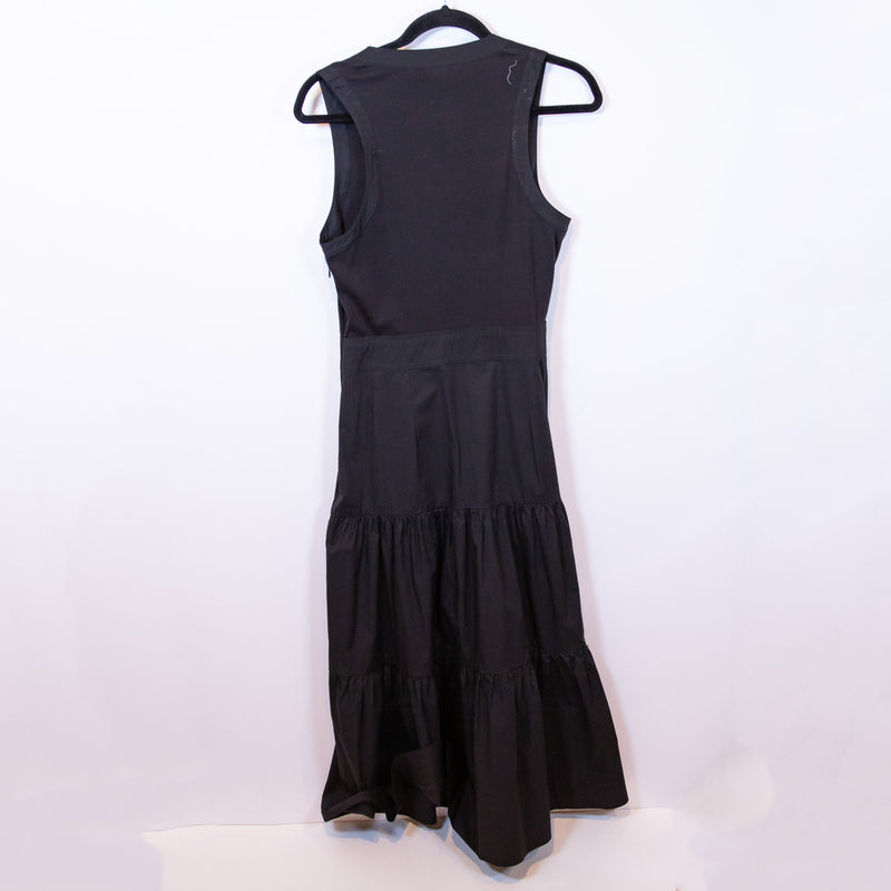 Veronica Beard Stafford Cotton Poplin V Neck Sleeveless Tiered Midi Dress Black