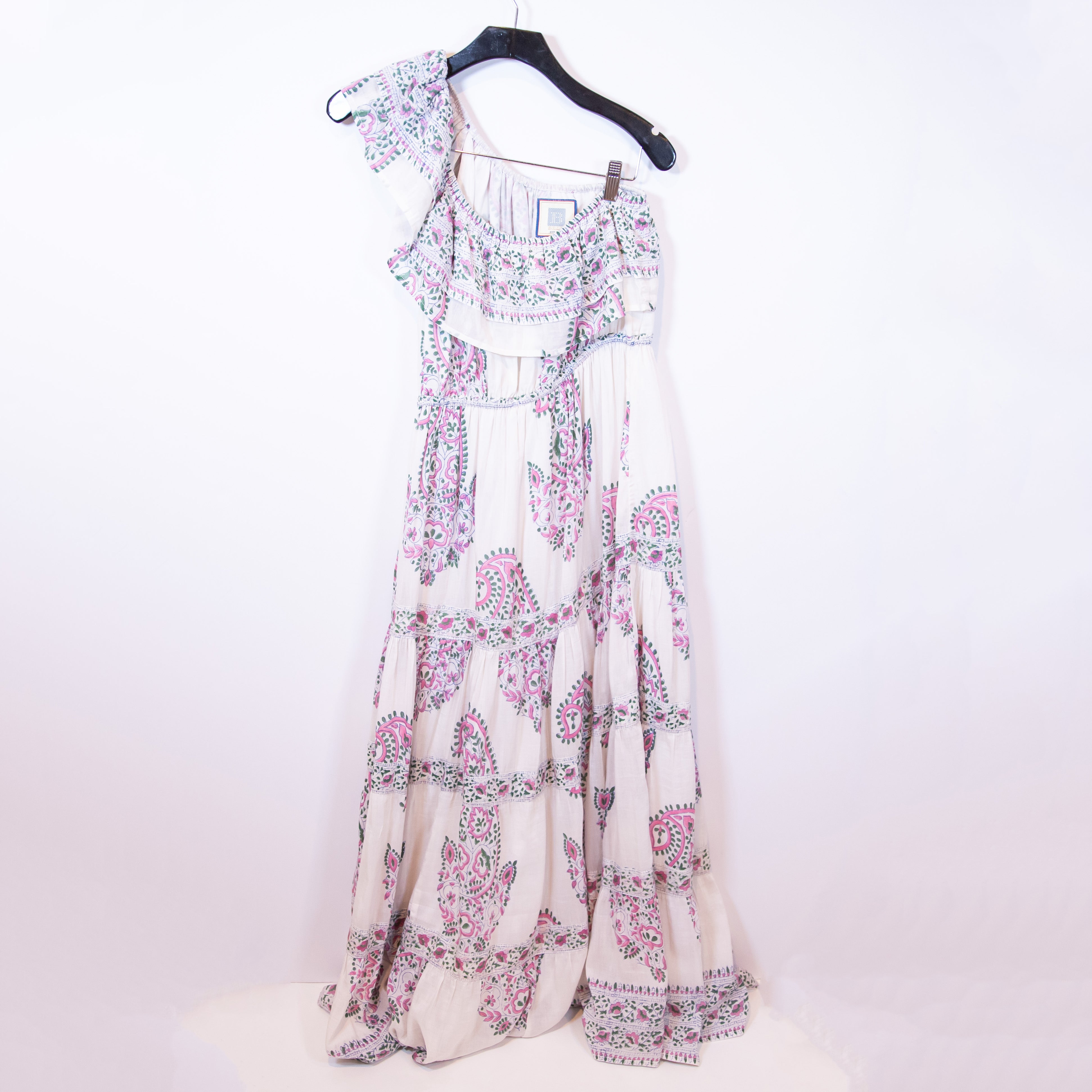 Bell Alexis Cotton Silk Lightweight One Shoulder Maxi Dress Pink Green Paisley M