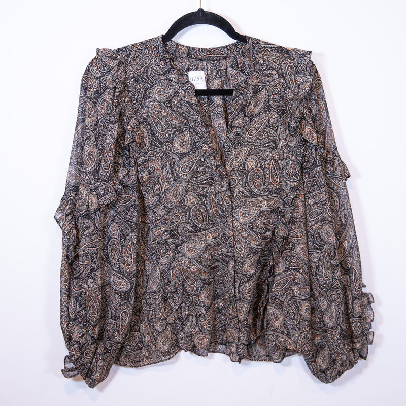 Misa Albertina Chiffon Paisley Shimmer Metallic Print Ruffle Long Sleeve Blouse