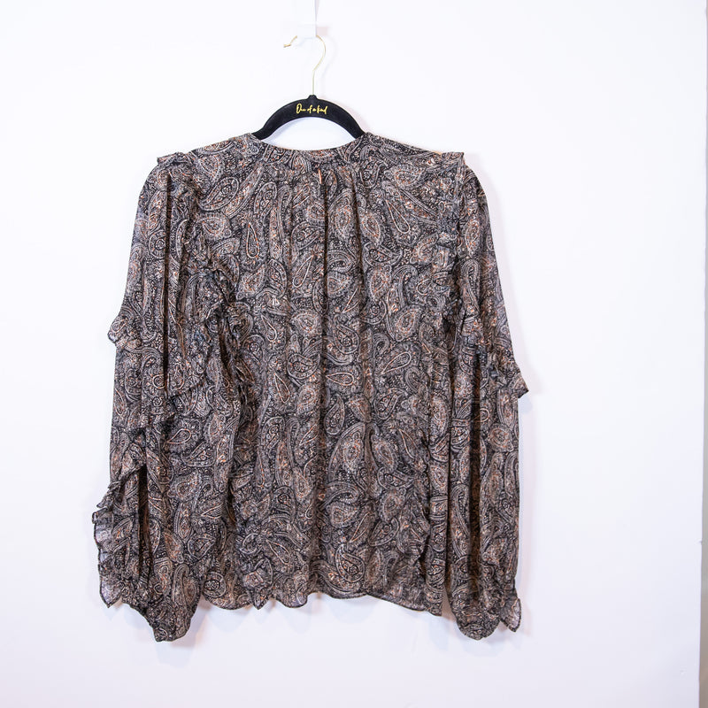 Misa Albertina Chiffon Paisley Shimmer Metallic Print Ruffle Long Sleeve Blouse