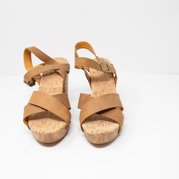 NEW Kork-Ease Drew Leather Cross Banded Platform Cork Sandals Heels Shoes Brown