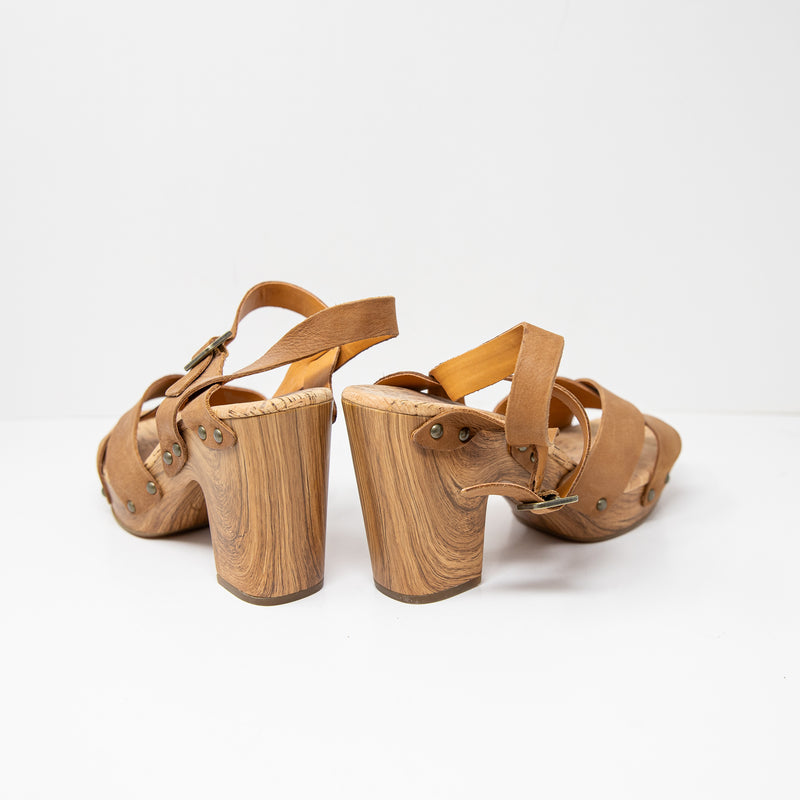 NEW Kork-Ease Drew Leather Cross Banded Platform Cork Sandals Heels Shoes Brown