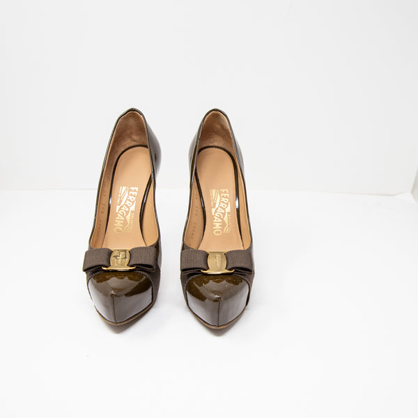 Salvatore Ferragamo Trilly Patent Leather Almond Toe Bow Tie Platform Heels 6.5