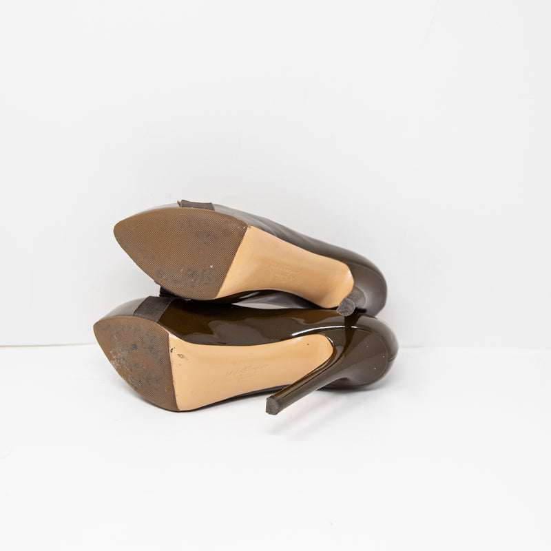 Salvatore Ferragamo Trilly Patent Leather Almond Toe Bow Tie Platform Heels 6.5
