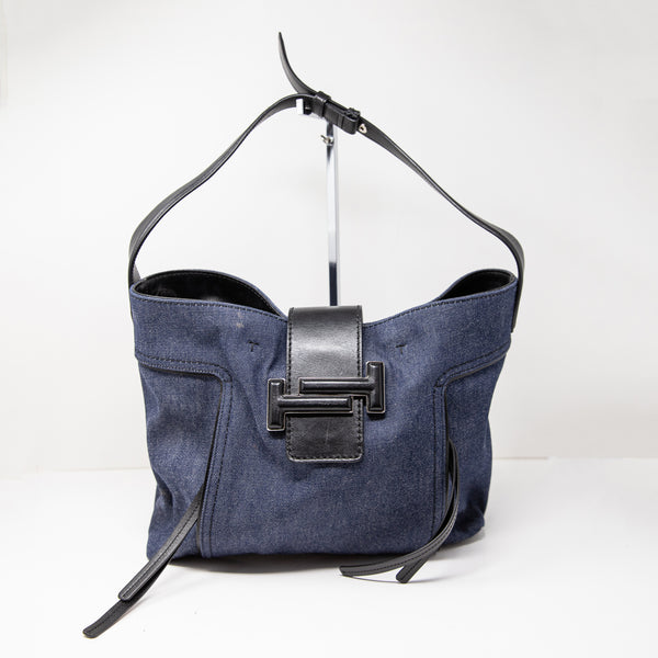 Tod's Double T Tote Shoulder Bag Purse 2way Canvas Denim Jean Leather Blue Black