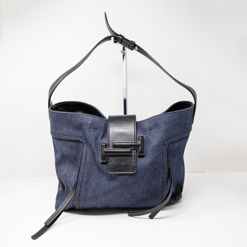 Tod's Double T Tote Shoulder Bag Purse 2way Canvas Denim Jean Leather Blue Black