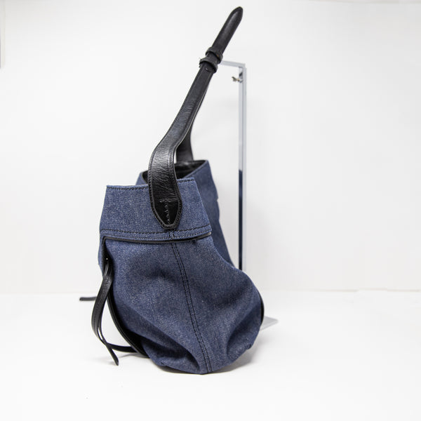 Tod's Double T Tote Shoulder Bag Purse 2way Canvas Denim Jean Leather Blue Black