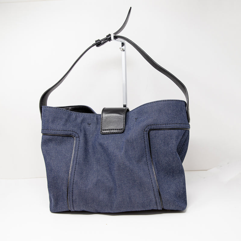 Tod's Double T Tote Shoulder Bag Purse 2way Canvas Denim Jean Leather Blue Black