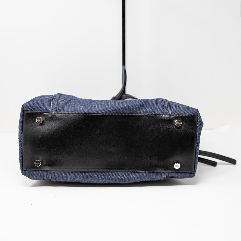 Tod's Double T Tote Shoulder Bag Purse 2way Canvas Denim Jean Leather Blue Black