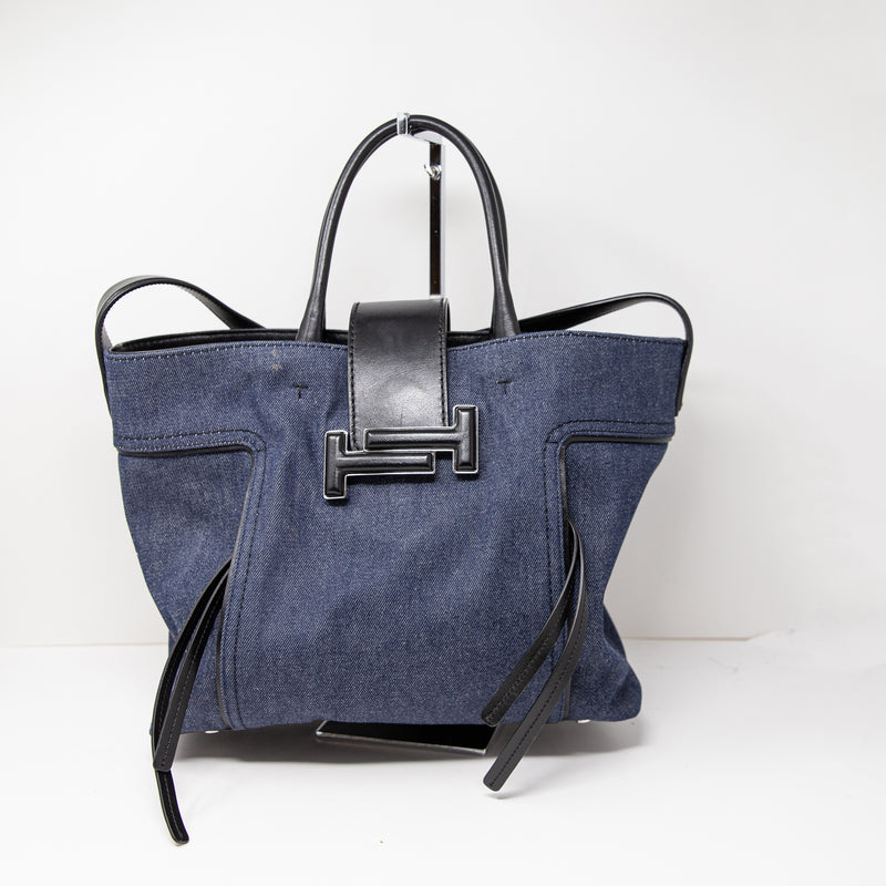 Tod's Double T Tote Shoulder Bag Purse 2way Canvas Denim Jean Leather Blue Black