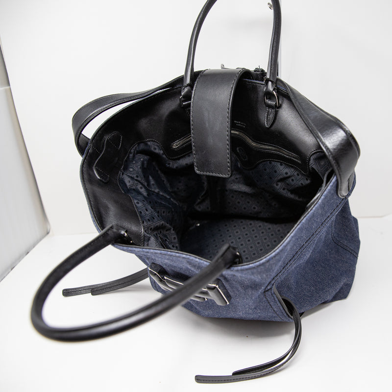Tod's Double T Tote Shoulder Bag Purse 2way Canvas Denim Jean Leather Blue Black