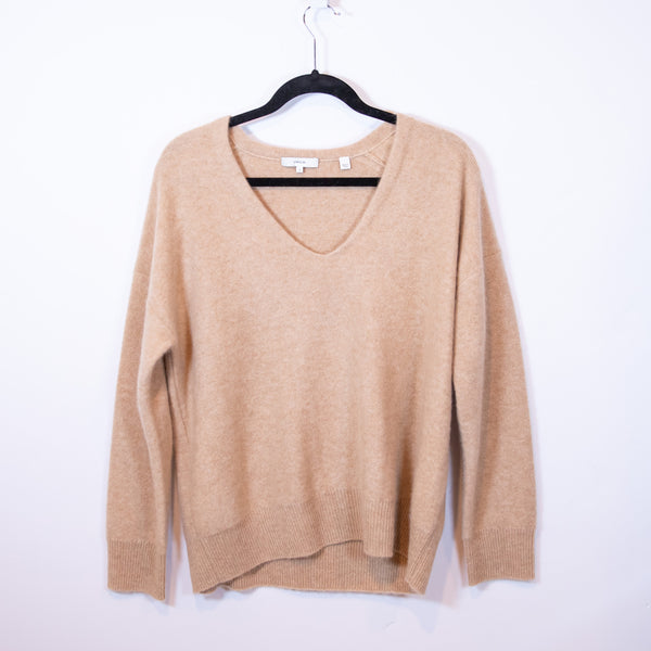 Vince 100% Cashmere Weekend V-Neck Long Sleeve Pullover Sweater Camel Neutral M