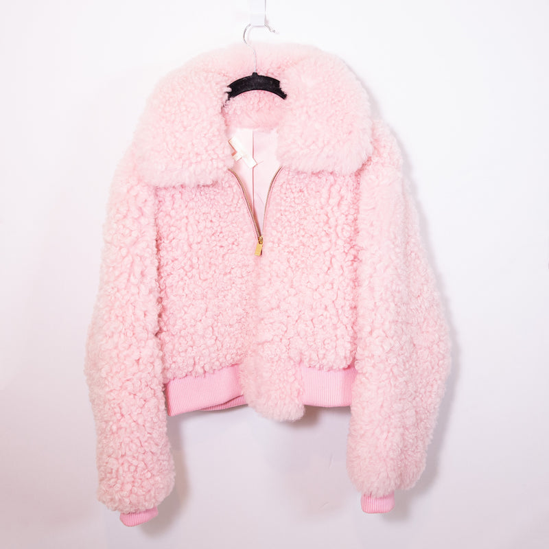 LoveShackFancy Morea Faux Vegan Teddy Shearling Full Zip Bomber Jacket Pink S