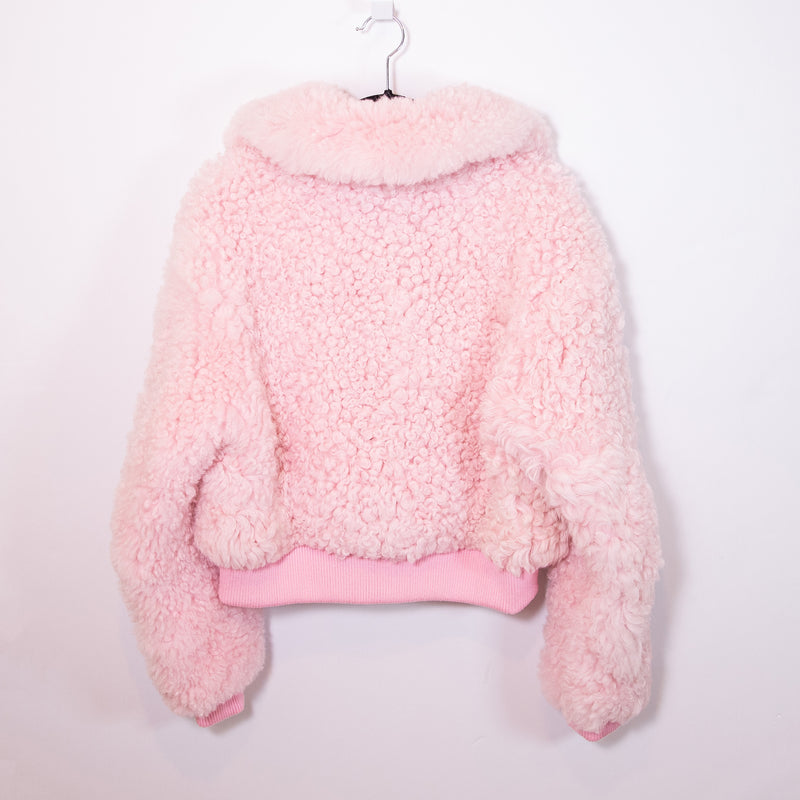 LoveShackFancy Morea Faux Vegan Teddy Shearling Full Zip Bomber Jacket Pink S