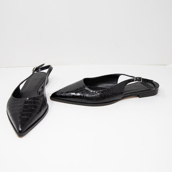 NEW Freda Salvador Marie Slingback Pointed Toe Black Embossed Croc Flats Shoes