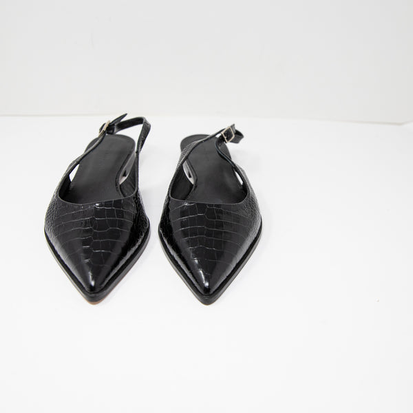 NEW Freda Salvador Marie Slingback Pointed Toe Black Embossed Croc Flats Shoes