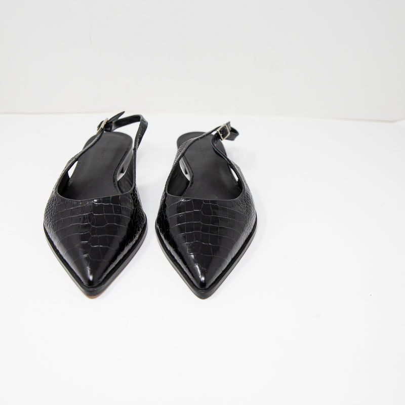 NEW Freda Salvador Marie Slingback Pointed Toe Black Embossed Croc Flats Shoes