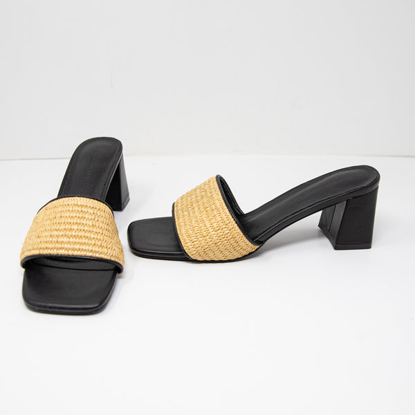 Billini Yarina Raffia Straw Woven Open Toe Block High Heels Sandals Shoes Black