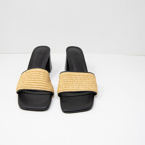 Billini Yarina Raffia Straw Woven Open Toe Block High Heels Sandals Shoes Black