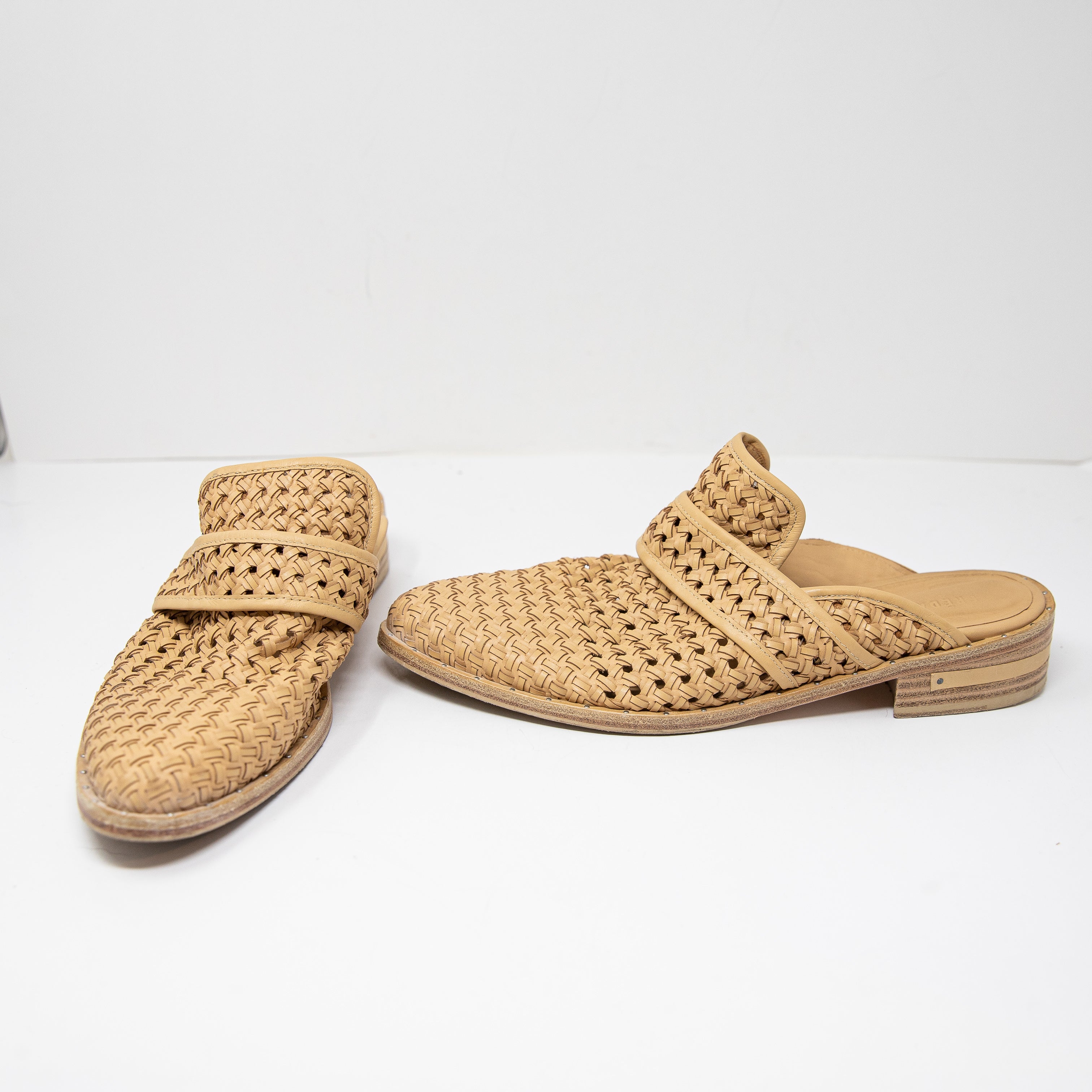 Freda Salvador Keen Genuine Leather Woven Crochet Backless Slip On Mules Flats