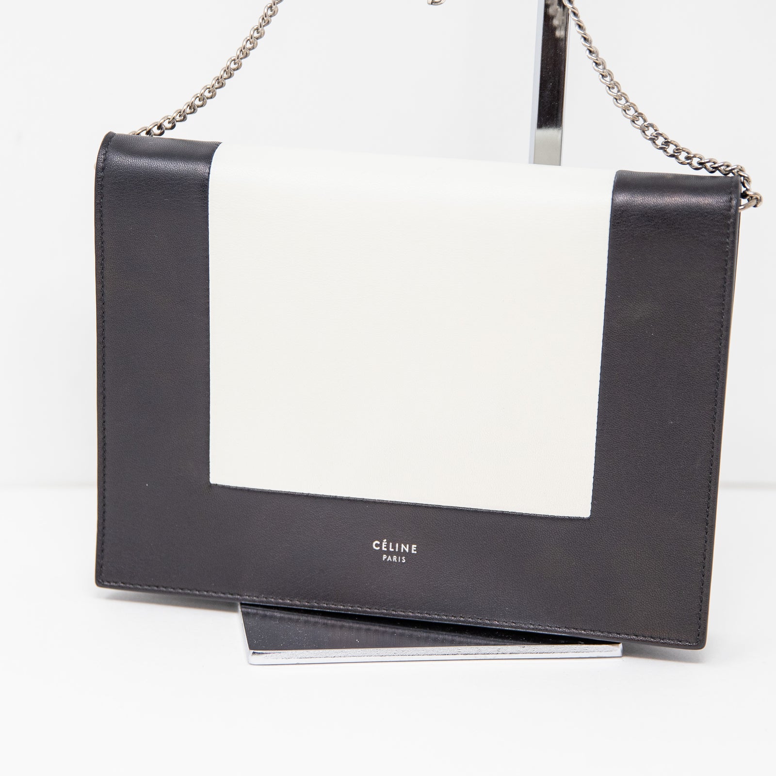 Celine Frame Black White Colorblock Genuine Leather Silver