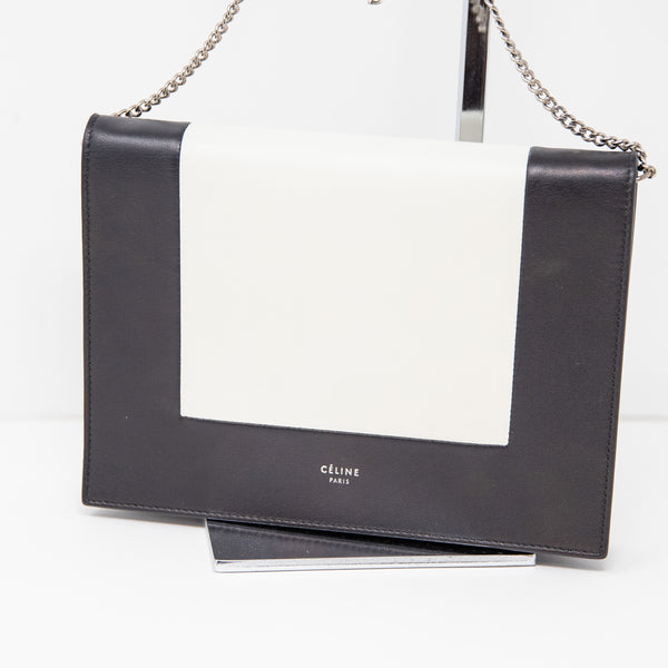 Celine Frame Black White Colorblock Genuine Leather Silver Chain Purse Bag