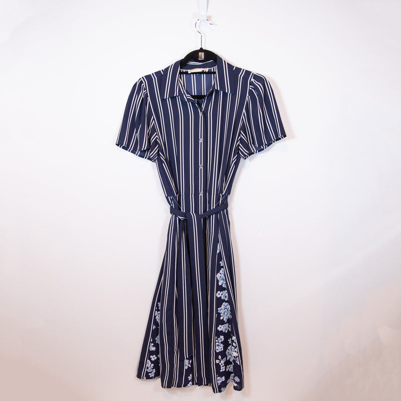 MICHAEL Michael Kors Blue White Stripe Floral Print Pattern Chiffon Shirt Dress