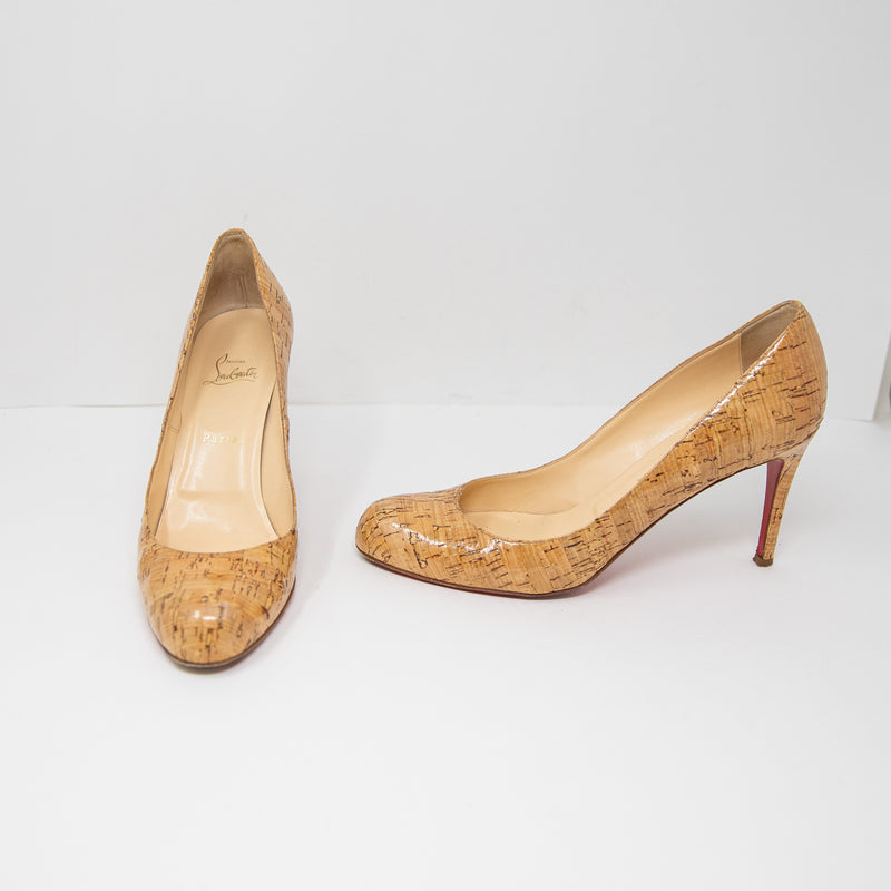 Christian Louboutin Cork Natural Texture Round Toe Slip On Hugh Heels Pumps Shoe