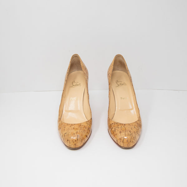 Christian Louboutin Cork Natural Texture Round Toe Slip On Hugh Heels Pumps Shoe