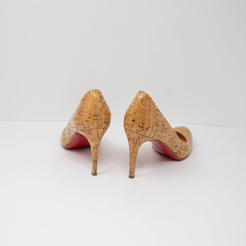 Christian Louboutin Cork Natural Texture Round Toe Slip On Hugh Heels Pumps Shoe