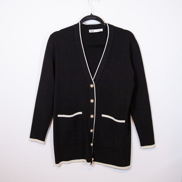 Zara Stretch Knit Collarless Pearl Button Front Cardigan Sweater Black Ivory S